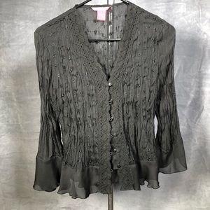 Y2K Vtg BLACK Crochet/Eyelet Button Down Top Sz Medium Whimsigoth Fairycore